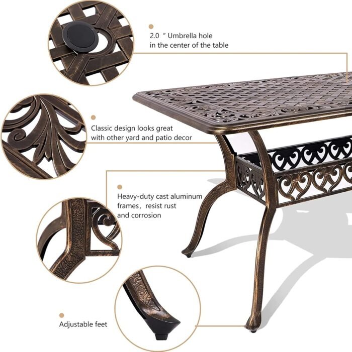TITIMO Cast Aluminum Patio Dining Table 59'' - Outdoor Dining Rectangle Table Weather-Resistant Table with 2.0" Umbrella Hole for Balcony Lawn Garden Backyard Outdoor Furniture(59" Lx35.2 Wx 28.4" H) - Image 4