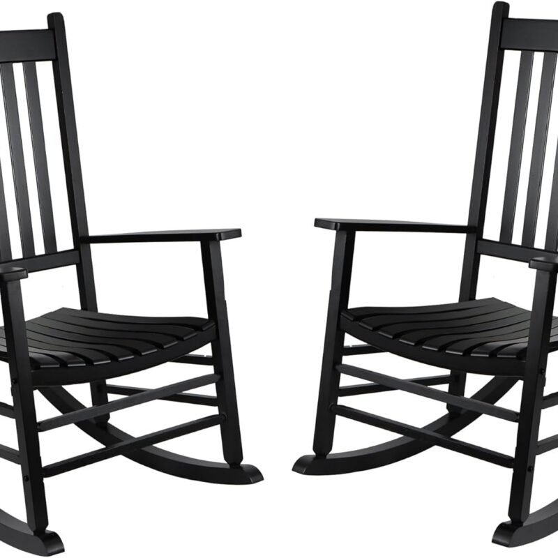 Patio Rocking Chair, Outdoor Rocking Chair, Wood Porch Rocker, Wooden Rocking Chair for Adult for Garden, Lawn, Balcony, Backyard and Patio (2 Black)