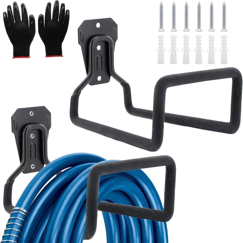 2 Pack Garden Hose Holder, Hose Reel Heavy Duty Hose Hanger, Wall Mounted Water Hose Holder Outdoor/Indoor Metal Durable Hose Hooks Ideal for Water Hose Storage Garden Yard Hold Max 154 Lbs- Black