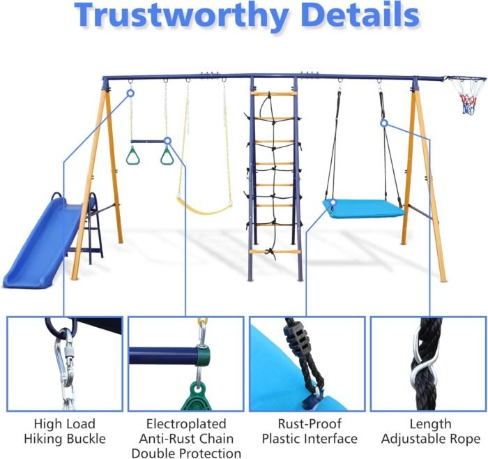 Generic Swing Set Outdoor Heavy-Duty Metal Playset for Kids with Slide,7 in 1 Swing Set - Image 7