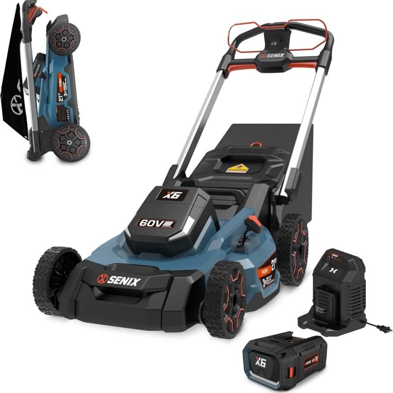 SENIX X6 60 Volt Max* 21-Inch 3-in-1 Cordless Push Lawn Mower, with Bagging, Mulching, and Side Discharge, Height Adjustment, Smart Display, 6Ah Lithium-ion Battery & Charger Included (LPPX6-H)