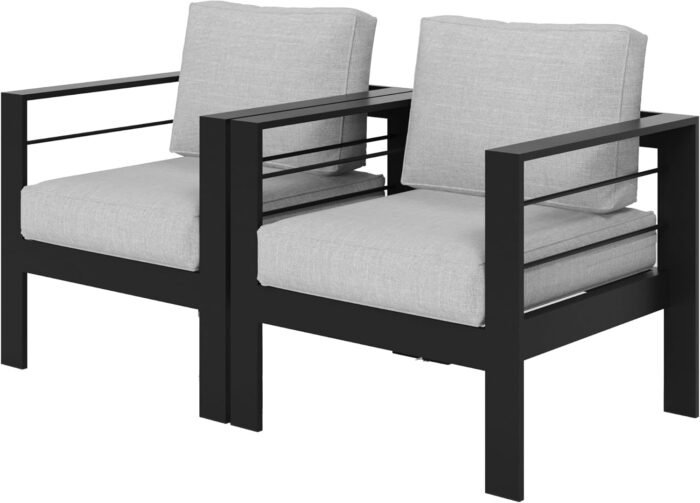 Wisteria Lane 2 Pieces Patio Furniture Aluminum Armchair, All-Weather Outdoor Single Sofa, Black Metal Chair with Light Grey Cushions - Image 7
