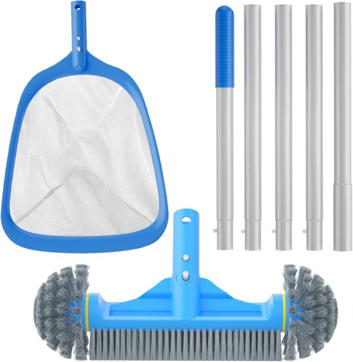 3PCS Pool Cleaning Kit - 12.5'' Pool Brush with Round End & 11'' Pool Skimmer Net Fine Mesh & 5.7 Feet Thick Aluminum Pole 5-Segment, for Above Ground & Inground Pools Ponds