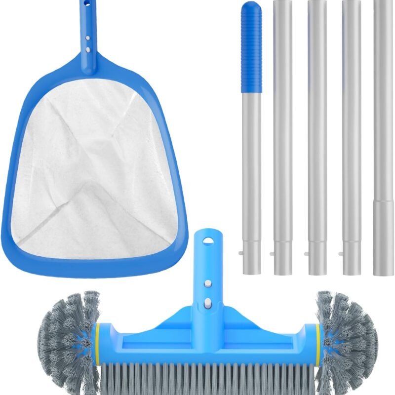 3PCS Pool Cleaning Kit - 12.5'' Pool Brush with Round End & 11'' Pool Skimmer Net Fine Mesh & 5.7 Feet Thick Aluminum Pole 5-Segment, for Above Ground & Inground Pools Ponds