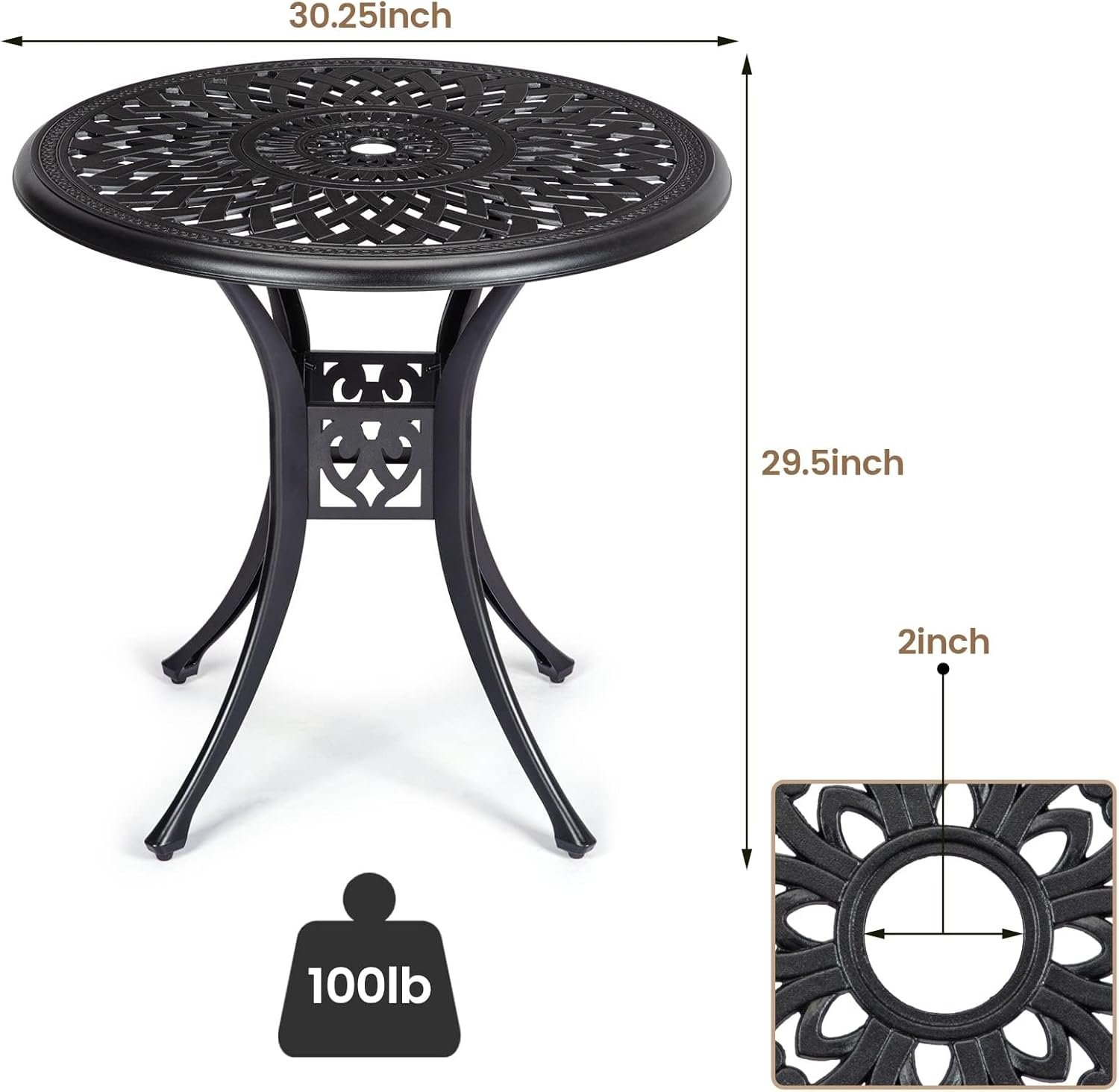 30.25 Inch Patio Bistro Table with Adjustable Feet, Round Outdoor Coffee Table with Umbrella Hole, Outdoor Side Table for Porch, Backyard, Garden, Classic Black - Image 2