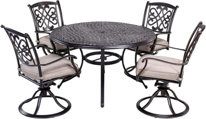 DALI 5 Piece Outdoor Dining Set Patio Furniture, Deep Cushioned Aluminum Swivel Rocker Chair Set with 48 inch Round Alum Casting Table
