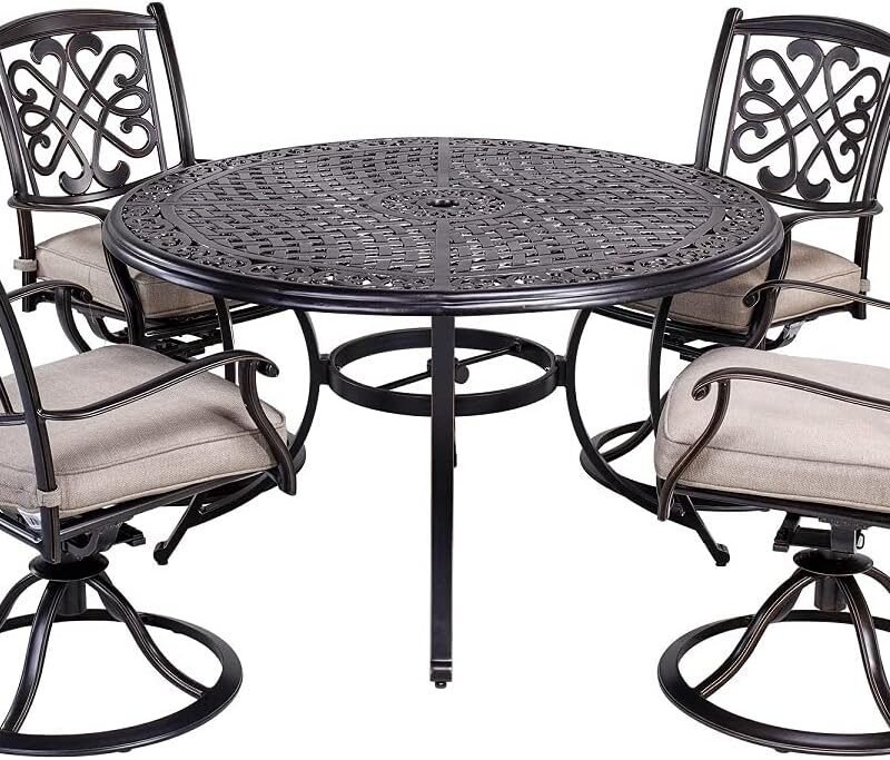DALI 5 Piece Outdoor Dining Set Patio Furniture, Deep Cushioned Aluminum Swivel Rocker Chair Set with 48 inch Round Alum Casting Table