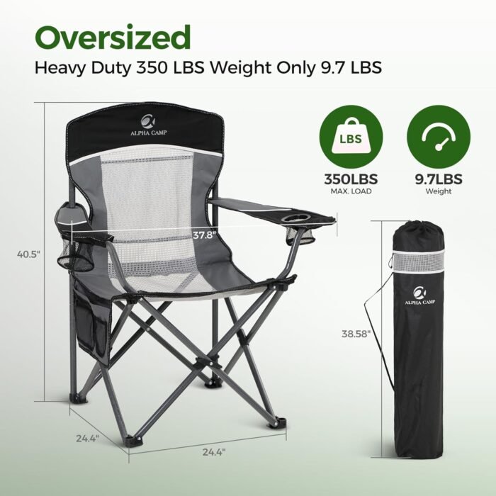 ALPHA CAMP 2PC Oversized Mesh Back Camping Folding Chair Heavy Duty Support 350 LBS Collapsible Steel Frame Quad Chair Padded Arm Chair with Cup Holder Portable for Outdoor (Black-2PC) - Image 2