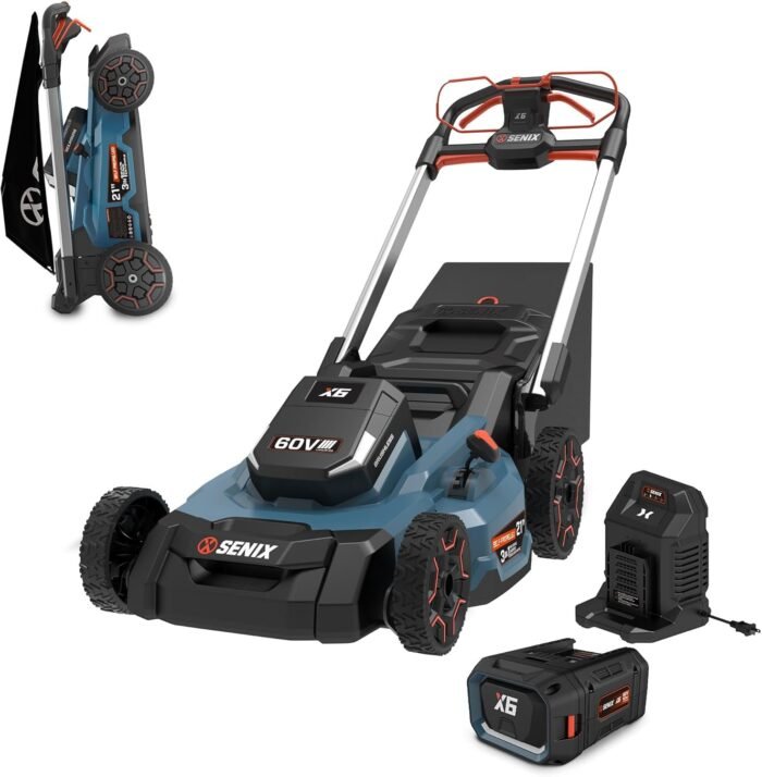 SENIX X6 60 Volt Max* 21-Inch 3-in-1 Cordless Self-Propelled Lawn Mower, with Bagging, Mulching, Side Discharge, Height Adjustment, Smart Display, 8Ah Lithium-ion Battery & Charger Included (LPSX6-H)