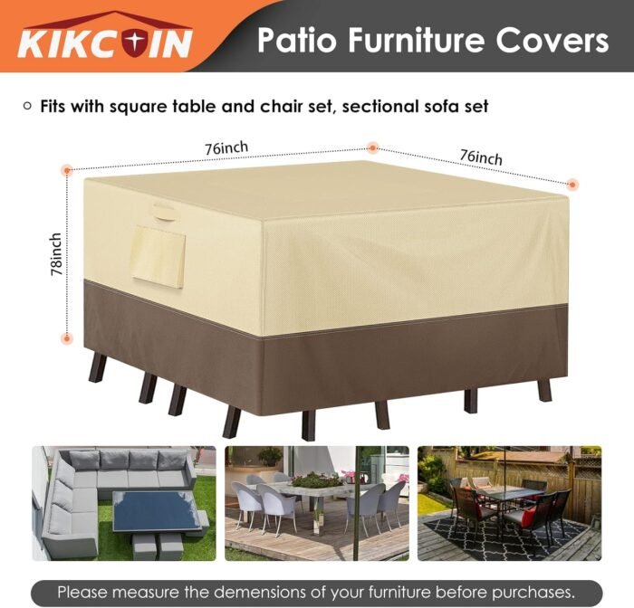 Patio Furniture Covers Waterproof for Dining Table and Chairs, Square Outdoor Furniture Set Cover, Anti-Fade, Tear/Water Resistant Patio Furniture Set Covers, 76"L x 76"W x 28"H - Image 2