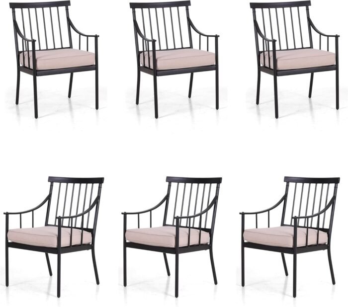PHI VILLA Outdoor Metal Steel Dining Chairs with Cushion, Black Heavy-Duty Weatherproof Armchairs for Patio, Deck, Yard - Set of 6
