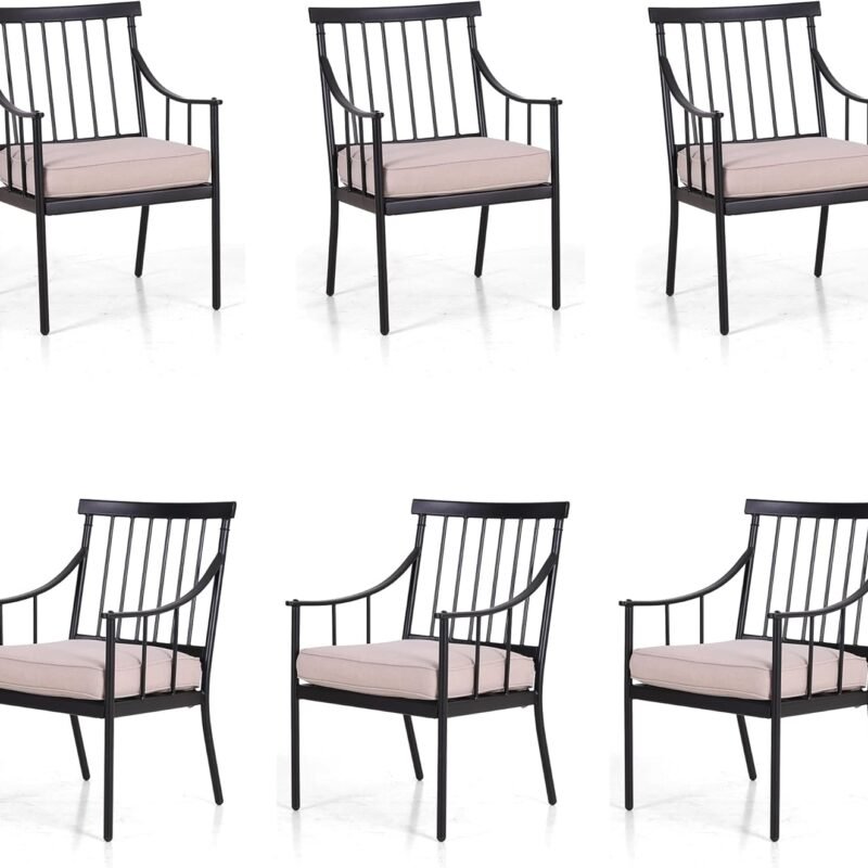 PHI VILLA Outdoor Metal Steel Dining Chairs with Cushion, Black Heavy-Duty Weatherproof Armchairs for Patio, Deck, Yard - Set of 6
