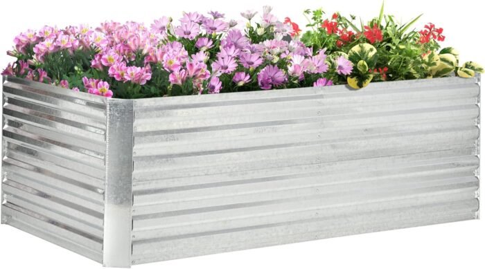 Outsunny Galvanized Raised Garden Bed Kit with Reinforcing Bars, Large and Tall Metal Planter Box for Vegetables, Flowers and Herbs, 6' x 3' x 2', Silver