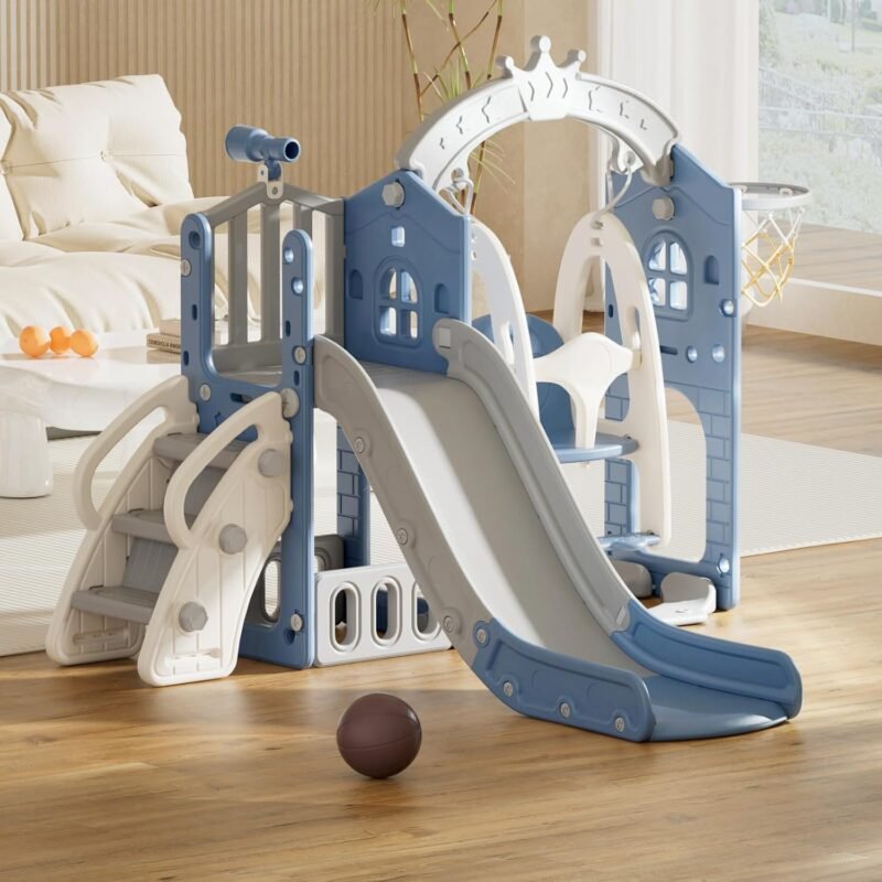 YUFU 6-in-1 Toddler Swing and Slide Set, Kids Slide with Climber, Swing and Basketball Hoop, Indoor Outdoor Playset for Toddlers Age 1-3 (Blue+Gray)