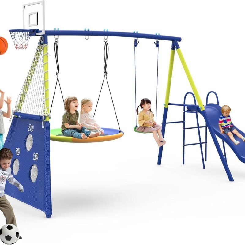 Swing Sets for Backyard with Kids Slide Outdoor Heavy-Duty Metal Playset for Kids 440lbs 5 in 1 Swing Set with Slide, Saucer Seat, Belt Seat, Soccer Goals and Basketball Hoop