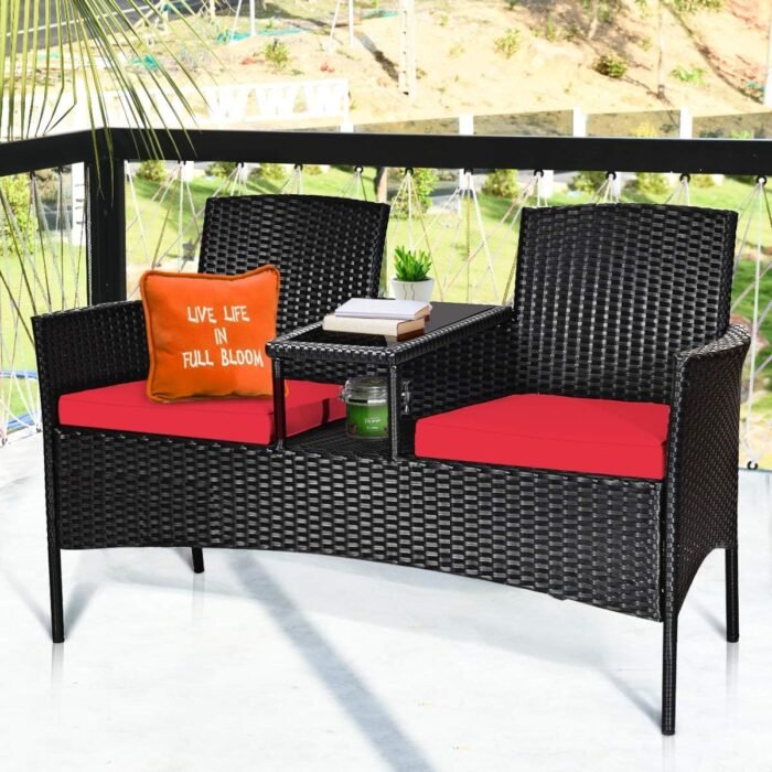 Tangkula Wicker Patio Conversation Furniture Set, Outdoor Furniture Set with Removable Cushions & Table, Tempered Glass Top, Modern Rattan Bench for Garden Lawn Backyard - Image 2