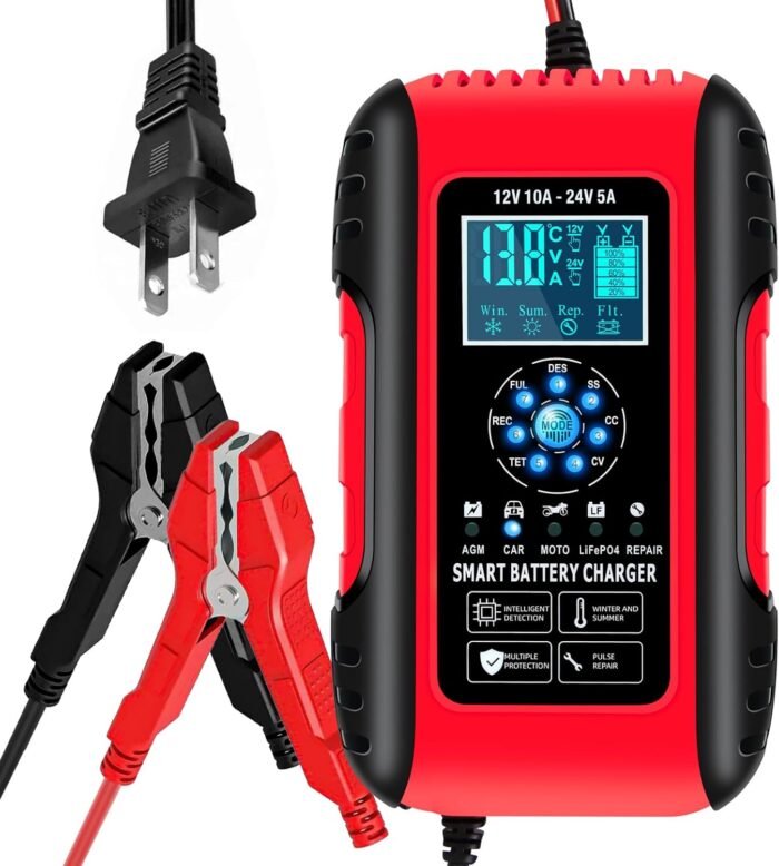 E-FAST Battery Charger, 10A Lifepo4 Lead Acid Car Battery Charger, Upgraded Automobile Trickle Charger 12/24V, All in 1 Battery Maintainer, for Truck Motorcycle AGM Lawn Mower Boat Marine Batteries