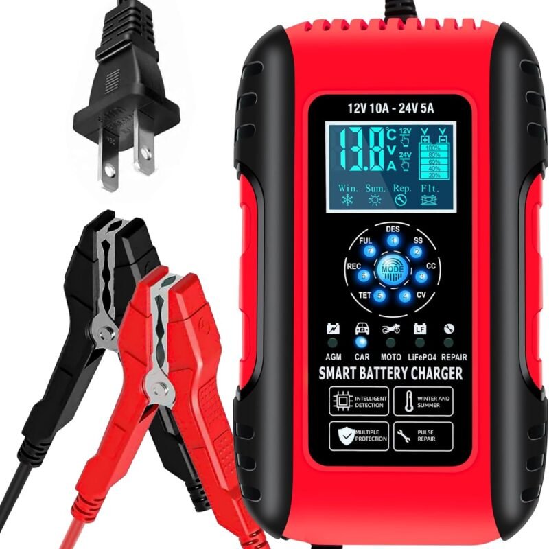 E-FAST Battery Charger, 10A Lifepo4 Lead Acid Car Battery Charger, Upgraded Automobile Trickle Charger 12/24V, All in 1 Battery Maintainer, for Truck Motorcycle AGM Lawn Mower Boat Marine Batteries