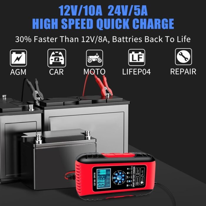 E-FAST Battery Charger, 10A Lifepo4 Lead Acid Car Battery Charger, Upgraded Automobile Trickle Charger 12/24V, All in 1 Battery Maintainer, for Truck Motorcycle AGM Lawn Mower Boat Marine Batteries - Image 2