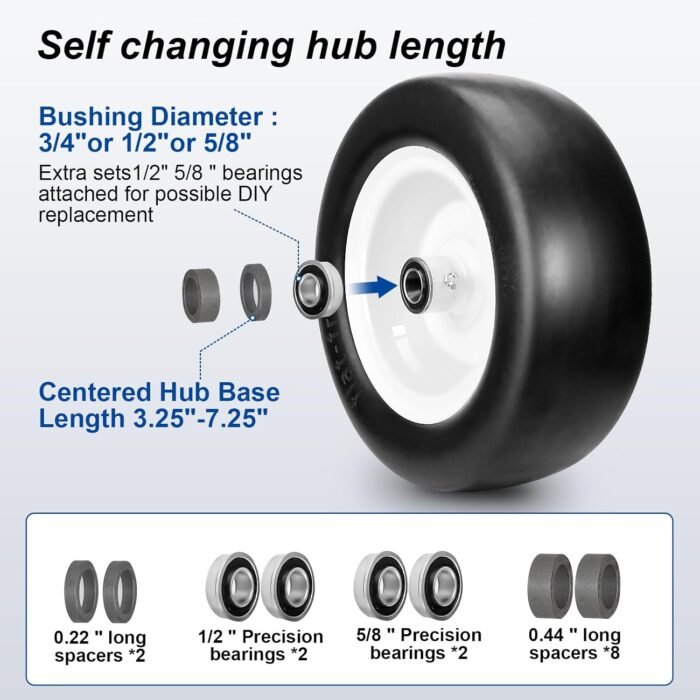 2pcs 13x5.00-6" Flat Free Lawn Mower tires Zero Turn Mower replacement Solid Tire and Wheel with 1/2" & 3/4" & 5/8"Precision bearings.3.25"-6.9" Centered Hub,for Riding Lawn Mower Assembly - Image 4