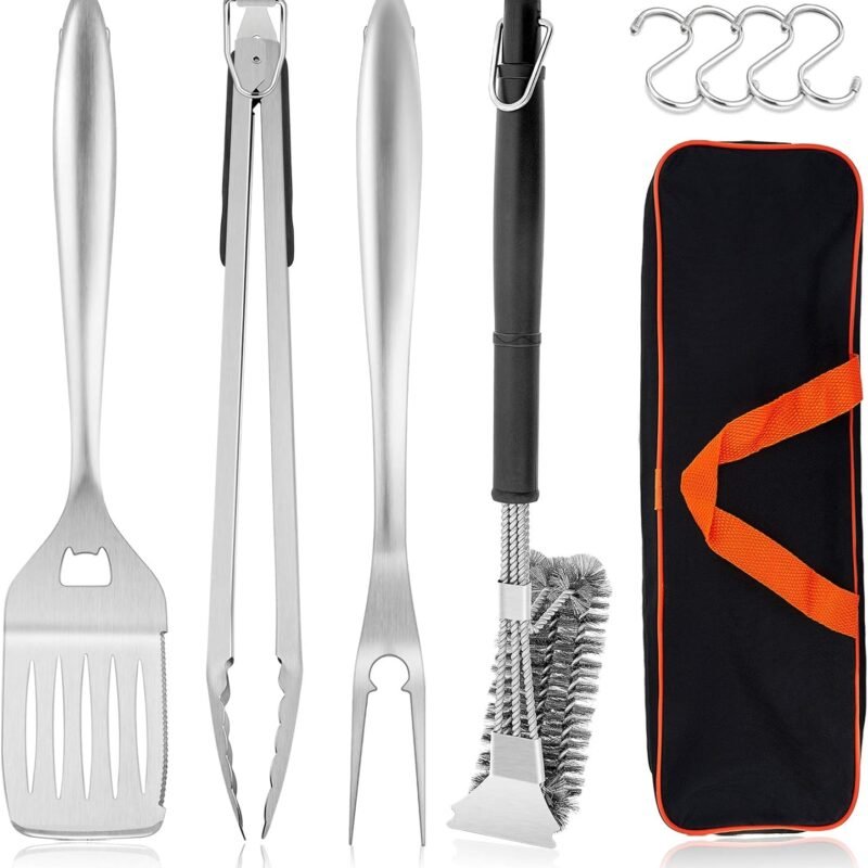 HaSteeL Grilling Utensil Set 18in, Stainless Steel BBQ Accessories Tools with Bag for Outdoor Cooking Camping, Heavy Duty Grill Spatula, Tong, Meat Fork, Basting Brush, Cleaning Brush, Man’s Gift