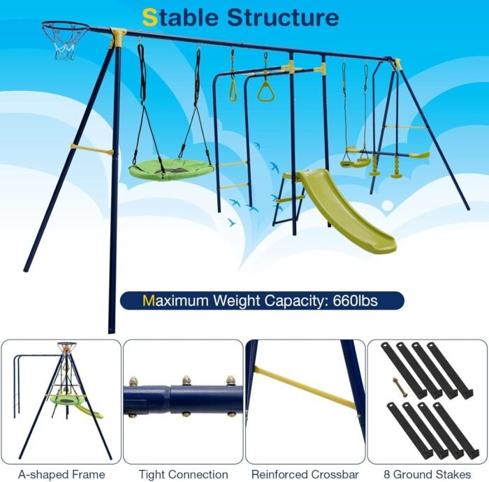 GLACER 7-in-1 Kids Swing Set w/ 2 Swings, Slide, Fun Glider, Gym Rings, Monkey Bars, Basketball Hoop, 660 LBS Swing Set for Kids, Heavy Duty Play Set for Backyard, Garden, Park - Image 5