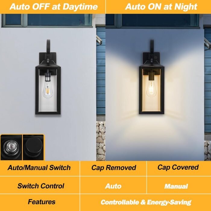 Large Dusk to Dawn Outdoor Wall Light, 19" Black Outside Farmhouse Wall Sconce, Industrial Wall Mount Light Fixture, Waterproof Modern Porch Lighting Exterior Lamp for House -with Gold Trim - Image 2