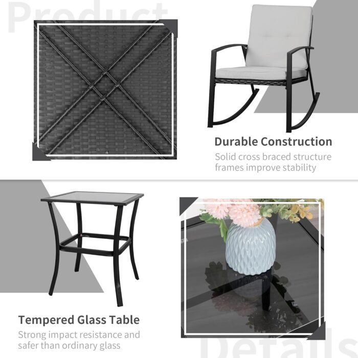 Shintenchi Outdoor 3 Piece Rocking Bistro Set, Wicker Patio Outdoor Furniture Porch Chairs Conversation Sets with Glass-Top Coffee Table for Backyard Porch Poolside Lawn, Garden,Gray - Image 4