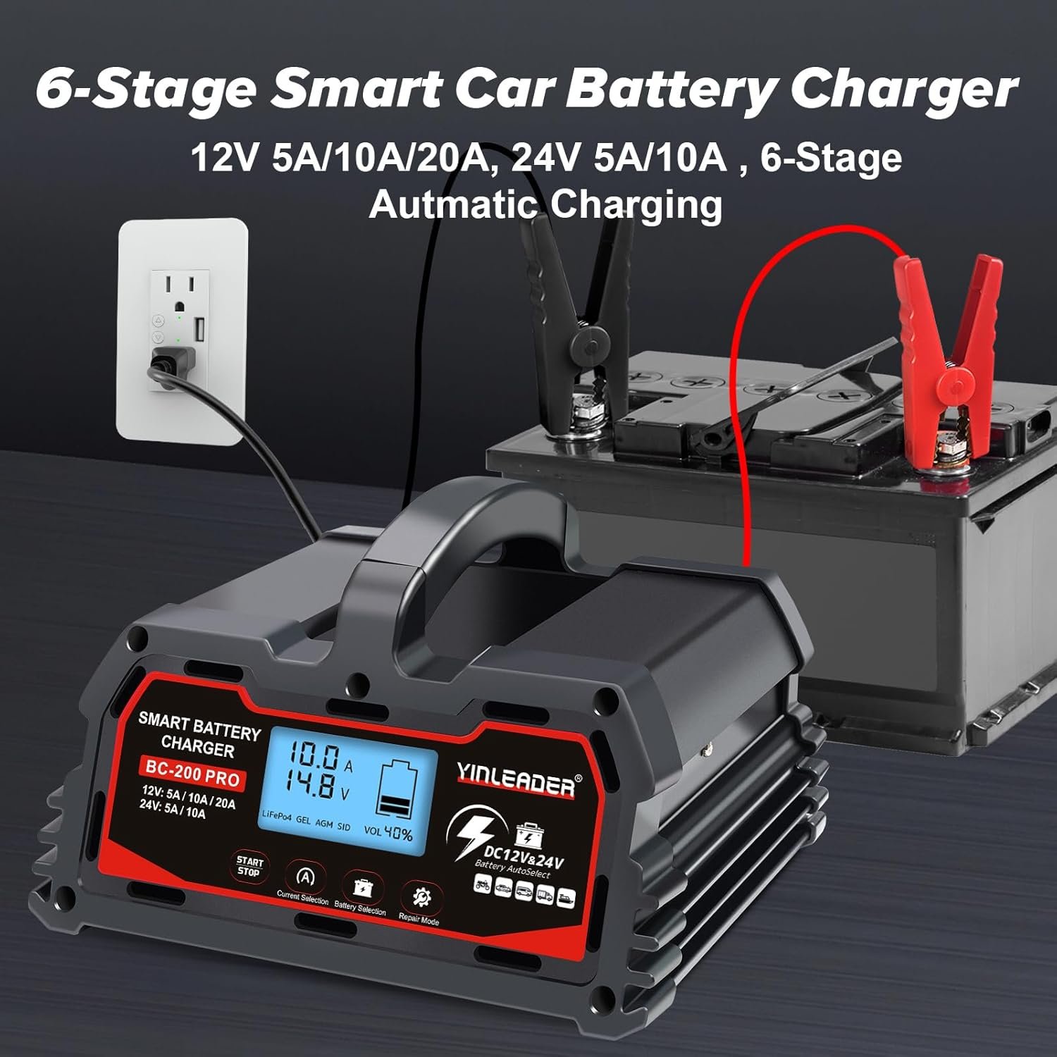 Battery Charger 20A, 12V/24V Lead-Acid Battery, 12V LiFePO4 Car Battery Trickle Charger, Automatic Battery Maintainer for Car Motorcycle Lawn Mower Marine Boat Lead Acid Batteries - Image 4