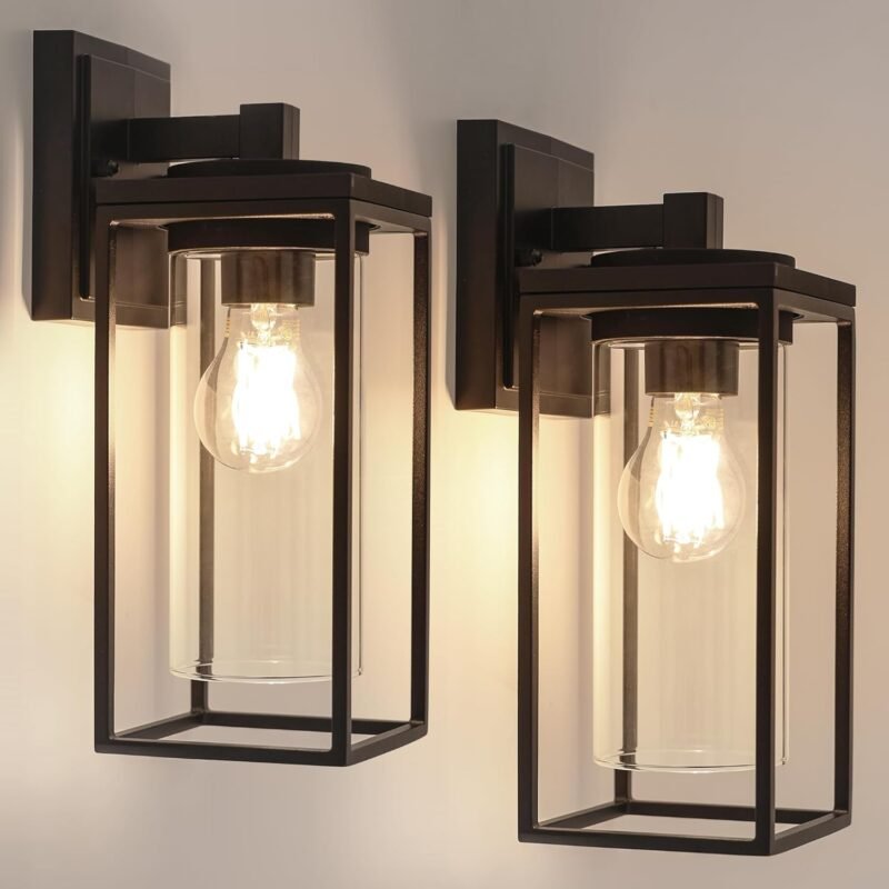 LUTEC 2 Pack Outdoor Wall Light Fixtures, Exterior Waterproof Lanterns with Aluminum Frame and Clear Glass Shade, Modern Matte Black Wall Sconce Outdoor Lighting for Patio, Front Door, Entryway