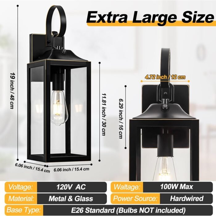 Large Dusk to Dawn Outdoor Wall Light, 19" Black Outside Farmhouse Wall Sconce, Industrial Wall Mount Light Fixture, Waterproof Modern Porch Lighting Exterior Lamp for House -with Gold Trim - Image 4