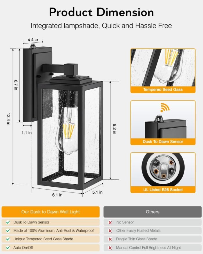 VIANIS 2 Pack Dusk to Dawn Outdoor Wall Lighting, Black Exterior Light Fixture Wall Mount for House Front Porch, Anti-Rust Aluminium Modern Outdoor Wall Lantern with Tempered Glass Shade for Garage - Image 7