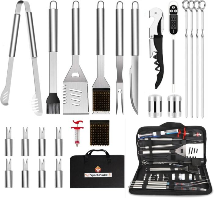 24 Pc. BBQ GrillTools – Stainless Steel BBQ Utensils for Grill, Smoker & Blackstone– BBQ Grill Accessories Grilling Gift for Men & Women with Spatula, Thermometer & Tongs - Steel Handle