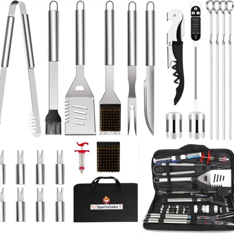 24 Pc. BBQ GrillTools – Stainless Steel BBQ Utensils for Grill, Smoker & Blackstone– BBQ Grill Accessories Grilling Gift for Men & Women with Spatula, Thermometer & Tongs - Steel Handle