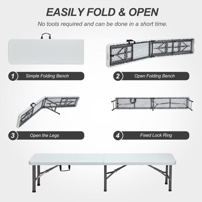 6ft Plastic Folding Bench(2 Pack), Portable Outdoor Bench with Handle & Non-Slip Mat, Waterproof Park Bench for Garden, Picnic Camping Dining Party Soccer Field, Sturdy Metal Frame - Image 6