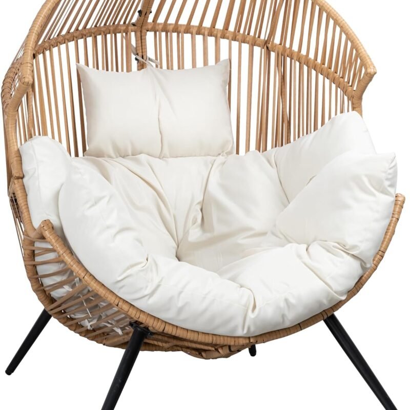 Shintenchi Wicker Egg Chair Outdoor Rattan Patio Chair with Cushion,Oversized Patio Lounge Chairs with Cushion Egg Basket Chair, Egg Seat for Indoor Living Room Bedroom Outside Patio Backyard Balcony