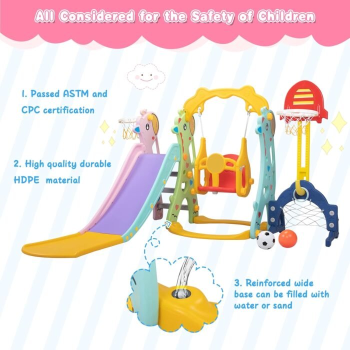6 in 1 Toddlers Slide and Swing Playset for Children Age 3-12, Freestanding Kids Slide Climber Playset Indoor Outdoor Playground with Basketball Hoop and Football Gate - Image 7