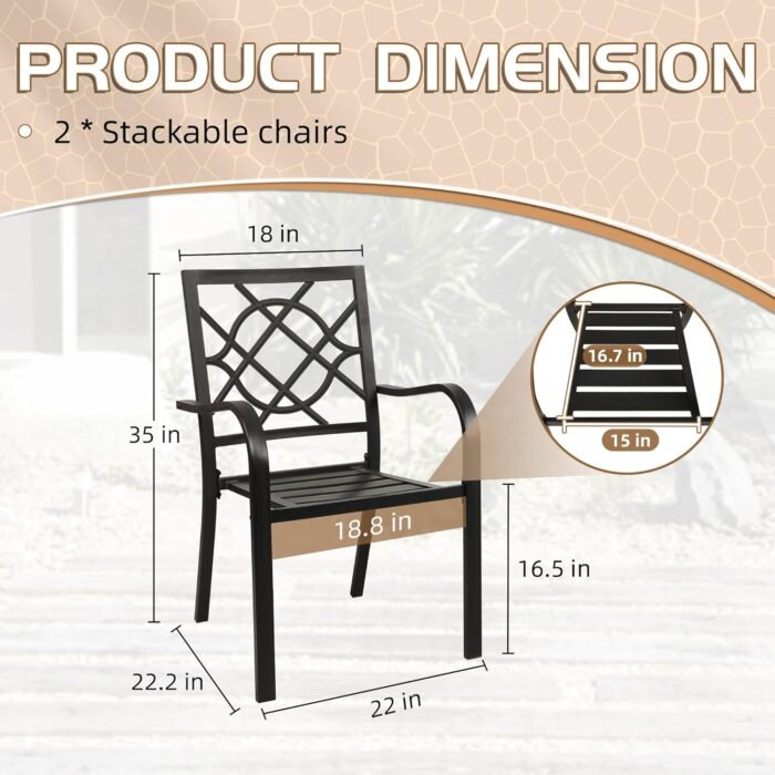 Incbruce 300lbs Patio Chairs Set of 2 Outdoor Dining Chairs, Metal Frame Stackable Patio Dining Chairs, Wrought Iron Black Outdoor Chairs with Armrest for Garden, Poolside, Backyard - Image 3
