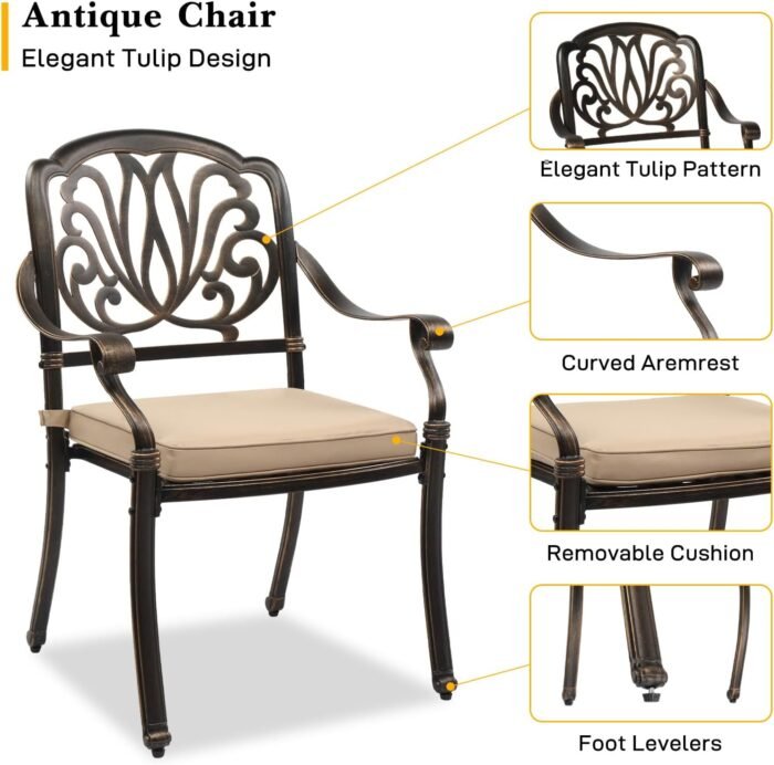 VINGLI Outdoor Dining Chairs Set of 2 Aluminum Patio Chairs, Cast Aluminum Patio Furniture Aluminum Outdoor Chairs for Backyard, Poolside, Balcony Bronze (with Cushion) - Image 5