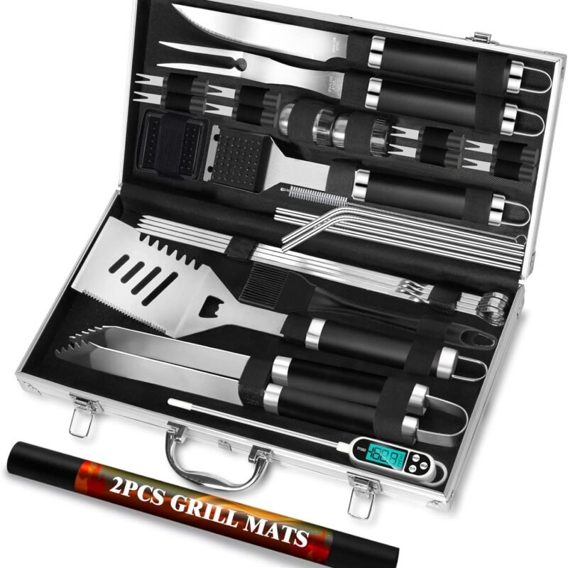ROMANTICIST 30pcs BBQ Grill Tool Set for Men Dad, Heavy Duty Stainless Steel Grill Utensils Set, Non-Slip Grilling Accessories Kit with Thermometer, Mats in Aluminum Case for Fathers Day Black