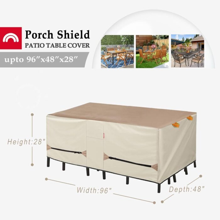 Porch Shield Patio Table Cover - Waterproof Outdoor Dining Table and Chairs Furniture Set Cover Rectangular - 96 x 48 inch, Light Tan & Khaki - Image 2