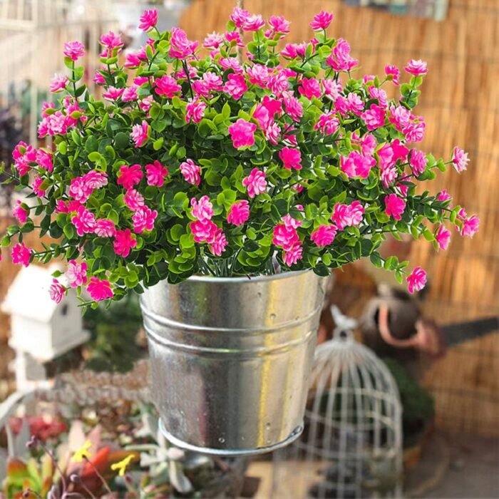 10 Bundles Artificial Fake Flowers, Faux Outdoor Plastic Plants UV Resistant Shrubs Outside Indoor Decorations (Pink-Eucalyptus) - Image 2
