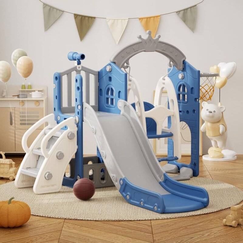 67i Toddler Swing and Slide Set Indoor Swing for Kids Outdoor Baby Backyard Swing Slide Playset with Basketball Hoop Freestanding Slides with Storage Space Kids Slide for Toddlers Age 1+(Blue Grey)
