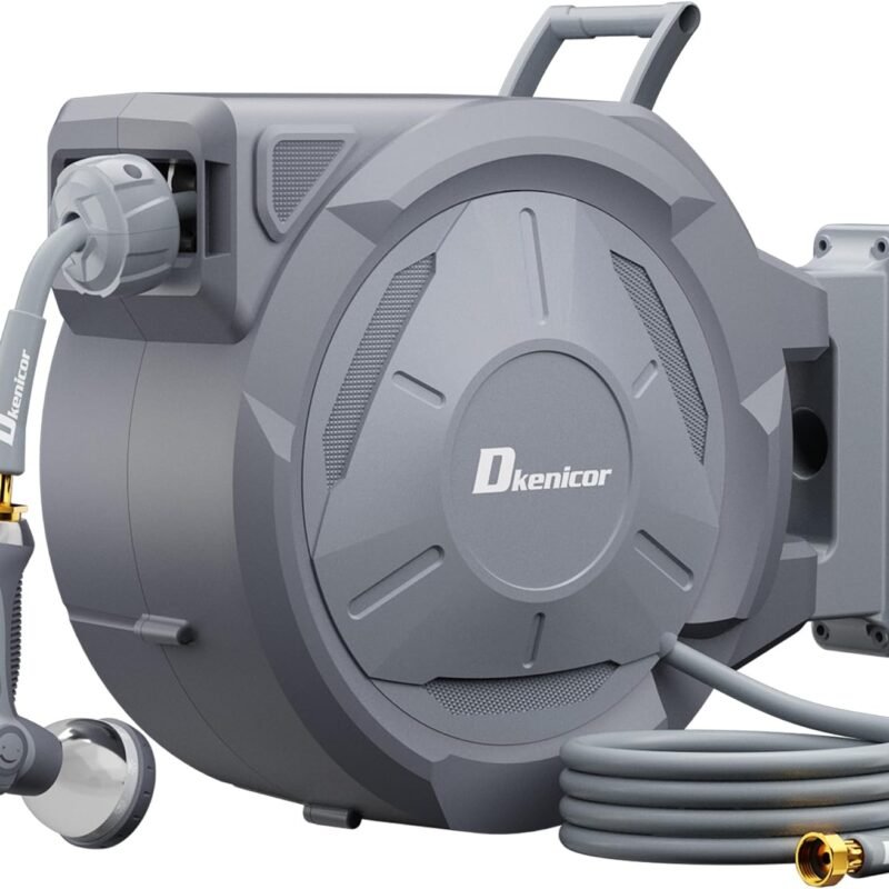 1/2" x 150 ft Retractable Hose Reel, Heavy Duty Retractable Garden Hose Reel Wall Mounted with 10-Pattern Hose Nozzle/Any Length Lock/Slow Return System/180°Swivel Bracket