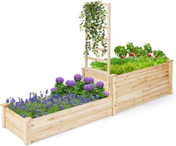 Giantex Raised Garden Bed with Trellis, Set of 2 Wood Shallow & Deep Planter Box for Climbing Plants Cucumber Vegetables Flowers Herbs Fruits, Easy Assembly, Outdoor Rectangular Floor Gardening Beds
