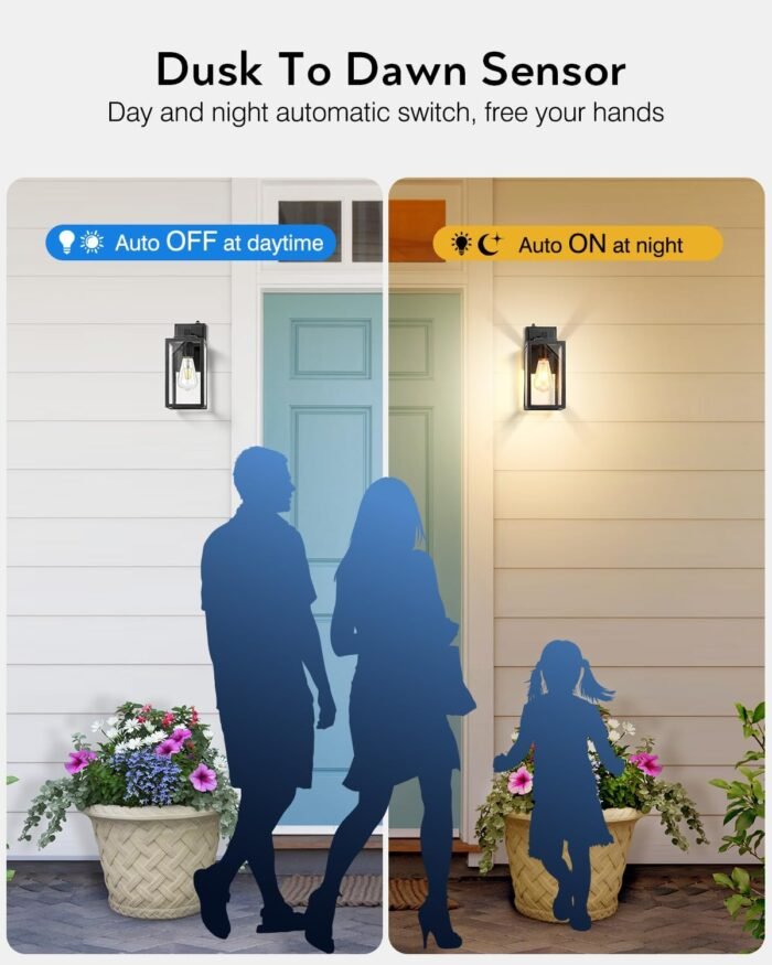 VIANIS 2 Pack Dusk to Dawn Outdoor Wall Lighting, Black Exterior Light Fixture Wall Mount for House Front Porch, Anti-Rust Aluminium Modern Outdoor Wall Lantern with Tempered Glass Shade for Garage - Image 2