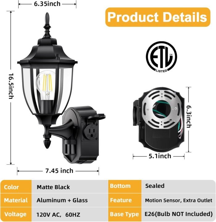 2 Pack Porch Lights with Outlet, Motion Sensor Outdoor Lights, Updated Dusk to Dawn Exterior Lighting Fixtures, Waterproof Anti-Rust Aluminum Outside Lights for House Entryway Garage, Black - Image 6