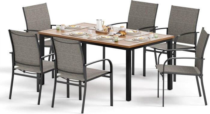 7 Piece Outdoor Dining Set for 6, Rectangular Wood-Like Metal Table with Umbrella Hole and 6 Dining Chairs, Outdoor Table and Chairs for Lawn Garden Backyard and Deck, Brown - Image 6