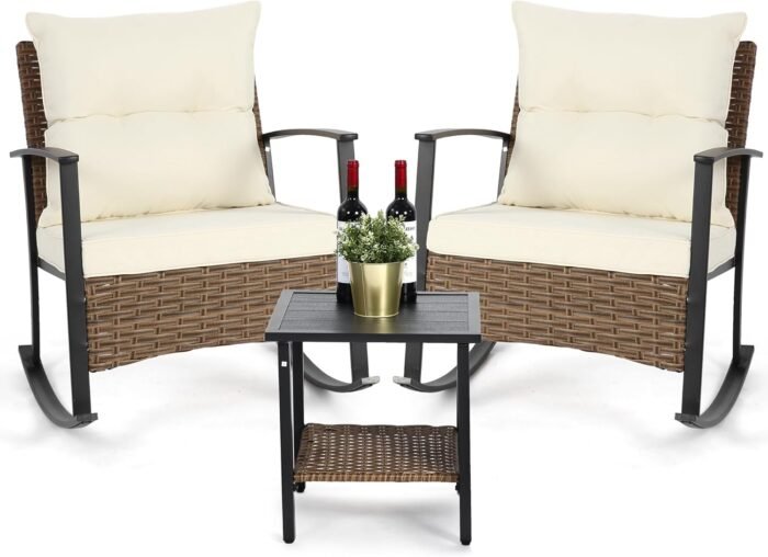 HOMEFUN Outdoor Rocking Chair Set with Cushions and 2-Tier Coffee Table, Rattan Wicker 3 Pieces Patio Bistro Furniture Sets for Garden, Porch, Balcony, Backyard Cream