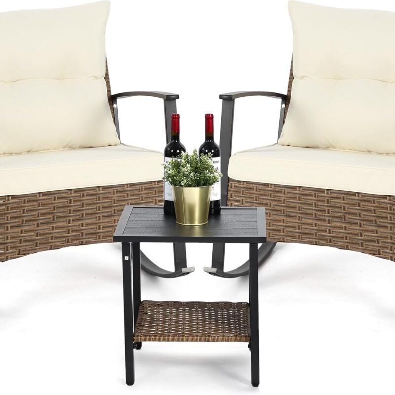 HOMEFUN Outdoor Rocking Chair Set with Cushions and 2-Tier Coffee Table, Rattan Wicker 3 Pieces Patio Bistro Furniture Sets for Garden, Porch, Balcony, Backyard Cream